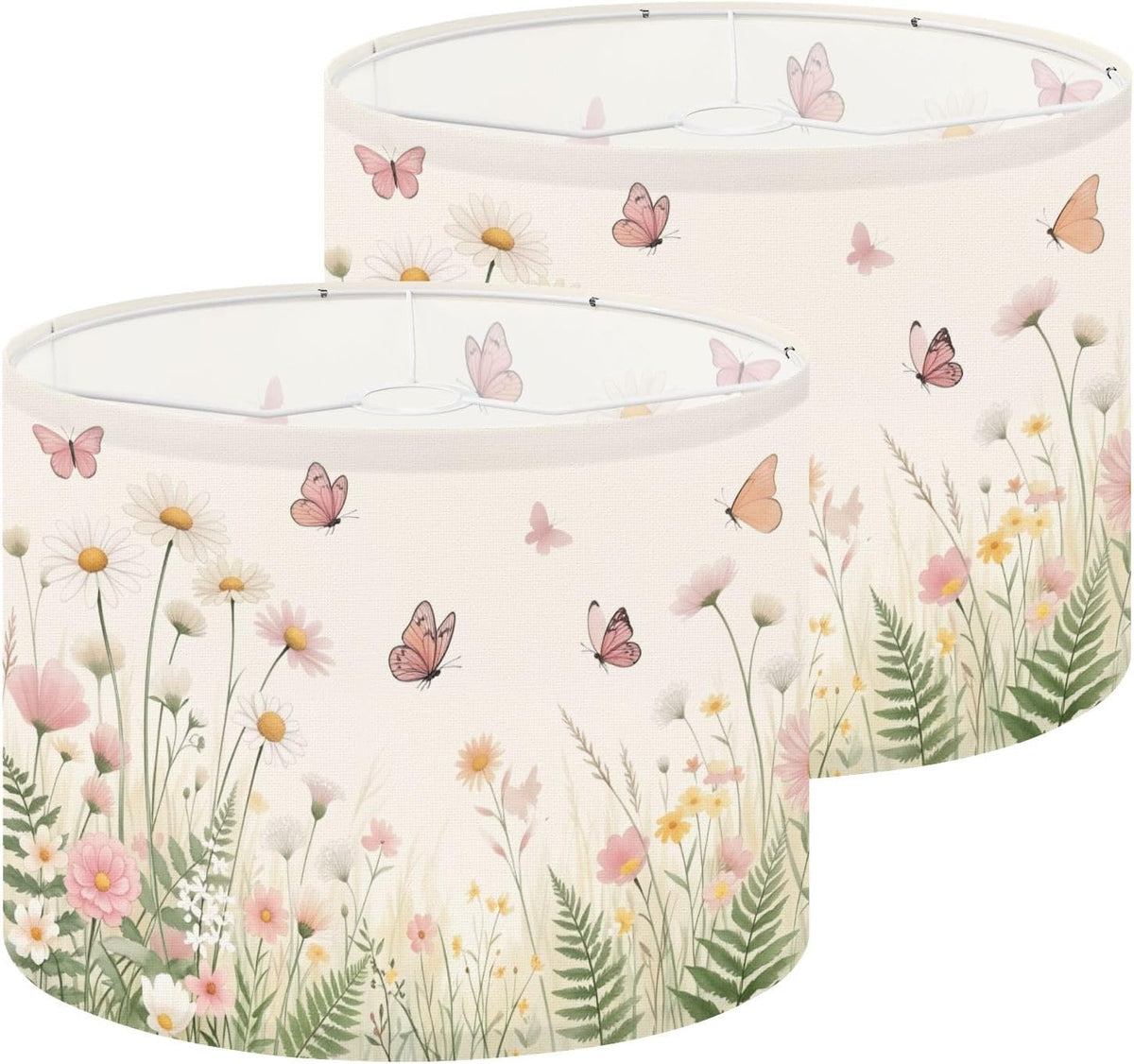 Lamp Shades Set of 2 Butterflies Pastel Wildflowers Meadow Soft Pink Daisy Garden Floral Drum Lampshades for Table Lamps Floor Lamps Pendant Light 13"x13"x10" Replacement Lamp Shade Easy Assembly