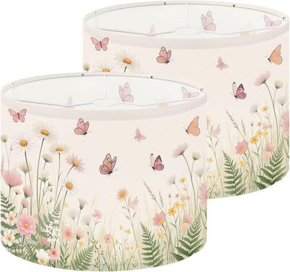 Lamp Shades Set of 2 Butterflies Pastel Wildflowers Meadow Soft Pink Daisy Garden Floral Drum Lampshades for Table Lamps Floor Lamps Pendant Light 13"x13"x10" Replacement Lamp Shade Easy Assembly