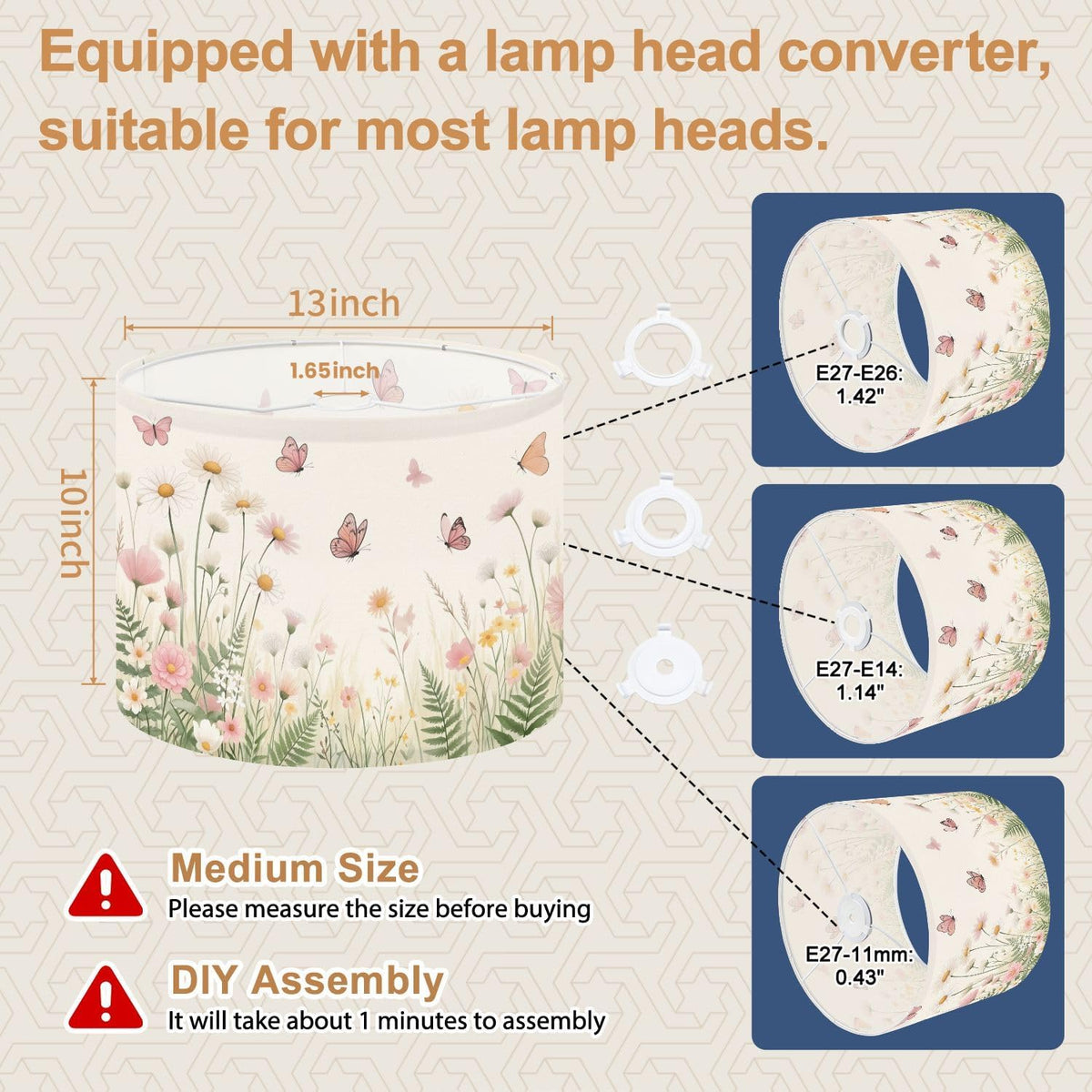 Lamp Shades Set of 2 Butterflies Pastel Wildflowers Meadow Soft Pink Daisy Garden Floral Drum Lampshades for Table Lamps Floor Lamps Pendant Light 13"x13"x10" Replacement Lamp Shade Easy Assembly
