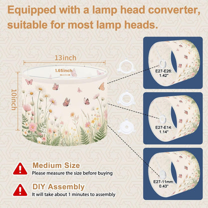 Lamp Shades Set of 2 Butterflies Pastel Wildflowers Meadow Soft Pink Daisy Garden Floral Drum Lampshades for Table Lamps Floor Lamps Pendant Light 13"x13"x10" Replacement Lamp Shade Easy Assembly