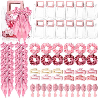60 Pcs Pink Spa Party Favors for Girls, Sleepover Party Supplies for 12 Guests, Teen Girl Birthday Gifts with Hair Brushes, Scrunchies, Claw Clips, Bow Hair Clips and Clear Gift Bags