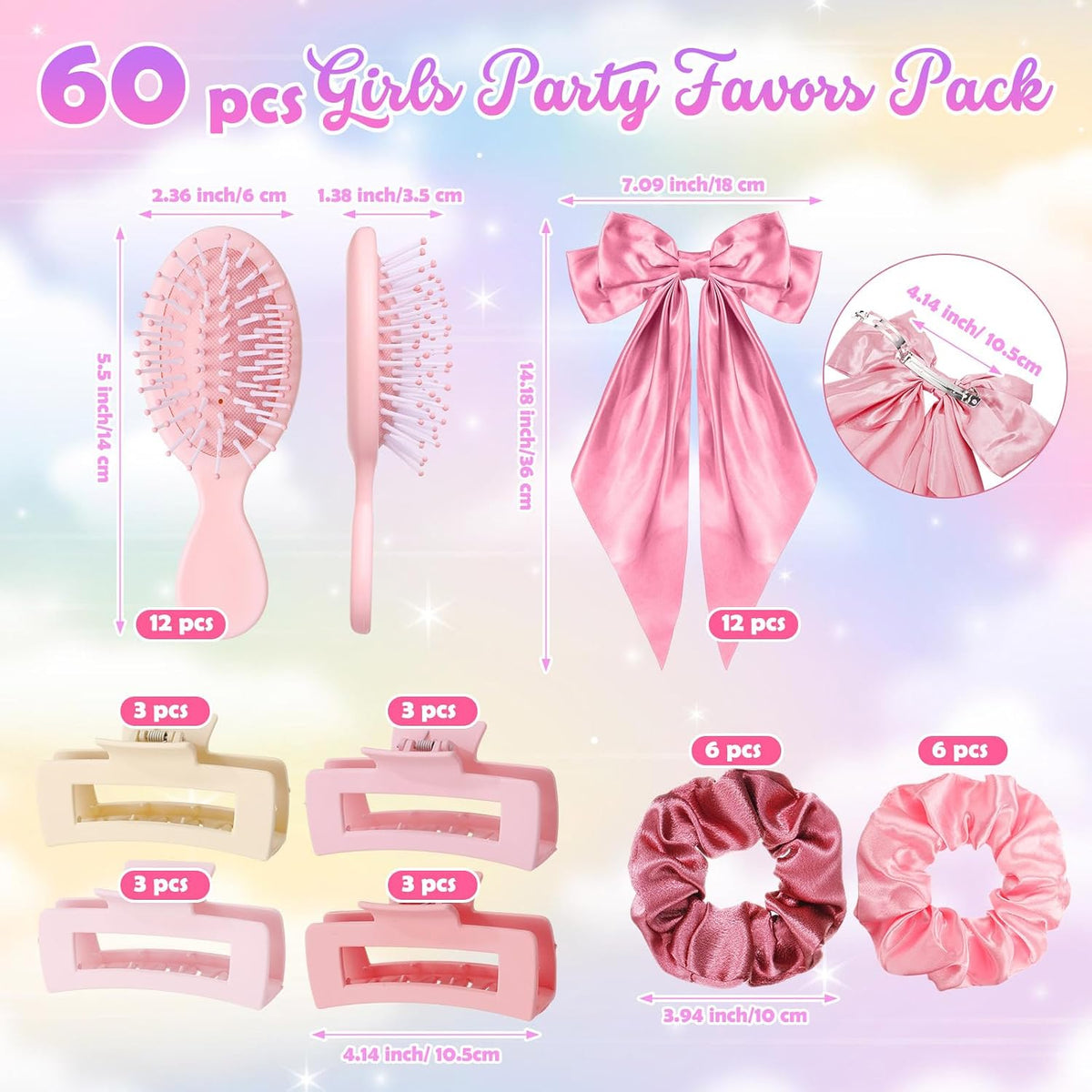 60 Pcs Pink Spa Party Favors for Girls, Sleepover Party Supplies for 12 Guests, Teen Girl Birthday Gifts with Hair Brushes, Scrunchies, Claw Clips, Bow Hair Clips and Clear Gift Bags