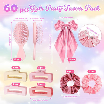 60 Pcs Pink Spa Party Favors for Girls, Sleepover Party Supplies for 12 Guests, Teen Girl Birthday Gifts with Hair Brushes, Scrunchies, Claw Clips, Bow Hair Clips and Clear Gift Bags