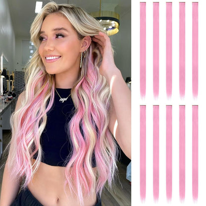 Colored Clip in Hair Extensions - 10 PCS Pink Highlighted Hair Piece Straight Synthetic Clip in Hairpieces for Women 22 inch