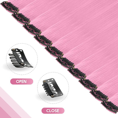 Colored Clip in Hair Extensions - 10 PCS Pink Highlighted Hair Piece Straight Synthetic Clip in Hairpieces for Women 22 inch
