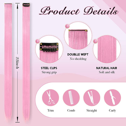 Colored Clip in Hair Extensions - 10 PCS Pink Highlighted Hair Piece Straight Synthetic Clip in Hairpieces for Women 22 inch