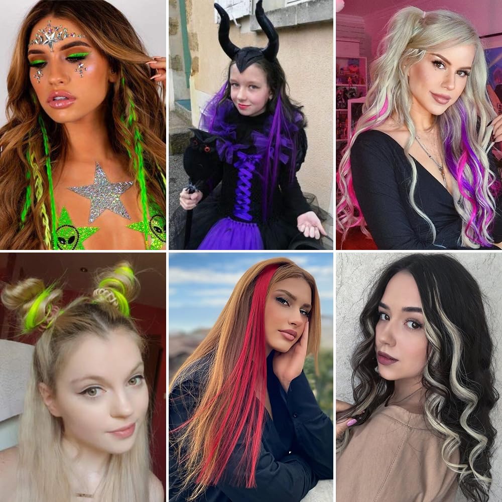 Colored Clip in Hair Extensions - 10 PCS Pink Highlighted Hair Piece Straight Synthetic Clip in Hairpieces for Women 22 inch