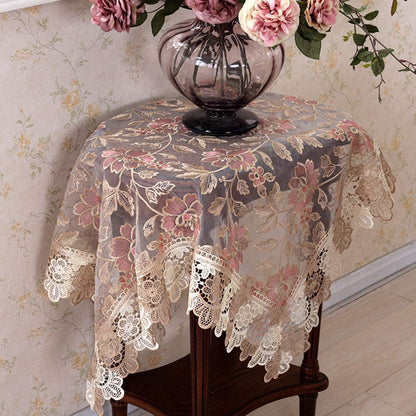 Lace Polyester Tablecloth Embroidery Square Table Cloths for Bedside Table Small Table(2 Seats), 36 x 36 Inch, Pink