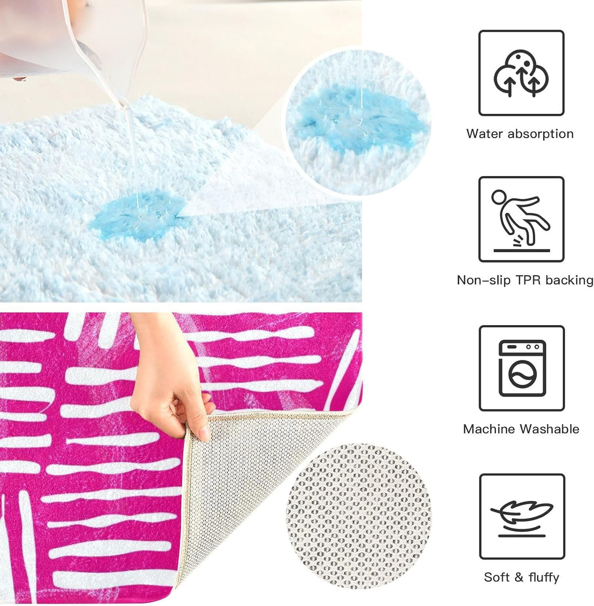 Abstract Pink Stripe Absorbent Bathroom Rug, 24''x16'' Extra Soft Thick Plush Bath Mat, Non-Slip Shaggy Bath Rug for Tub, Shower and Bath, Machine Washable