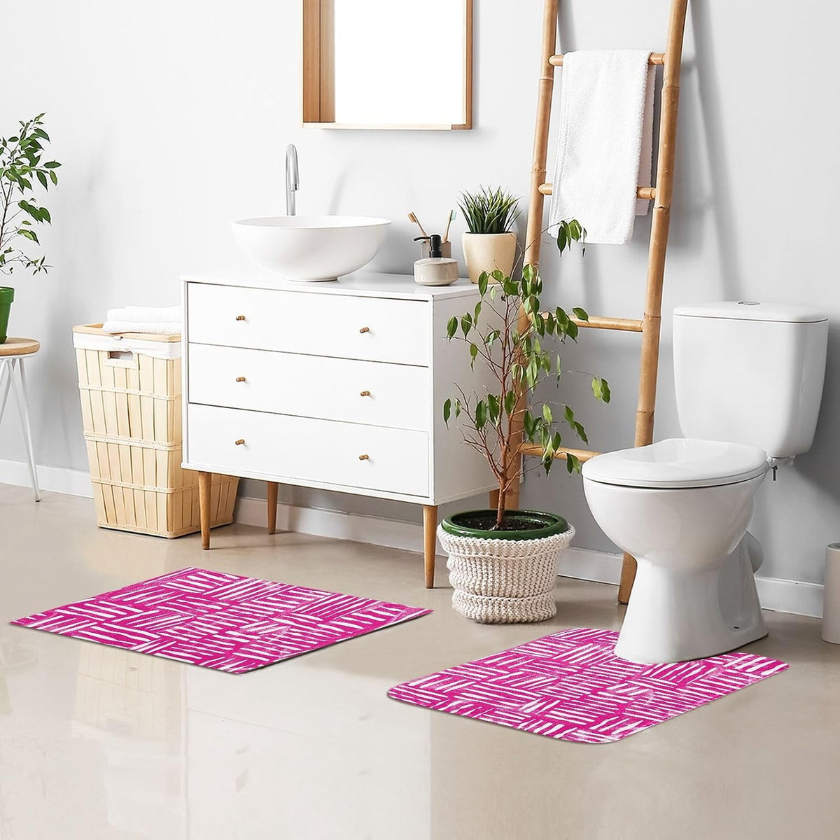 Abstract Pink Stripe Absorbent Bathroom Rug, 24''x16'' Extra Soft Thick Plush Bath Mat, Non-Slip Shaggy Bath Rug for Tub, Shower and Bath, Machine Washable
