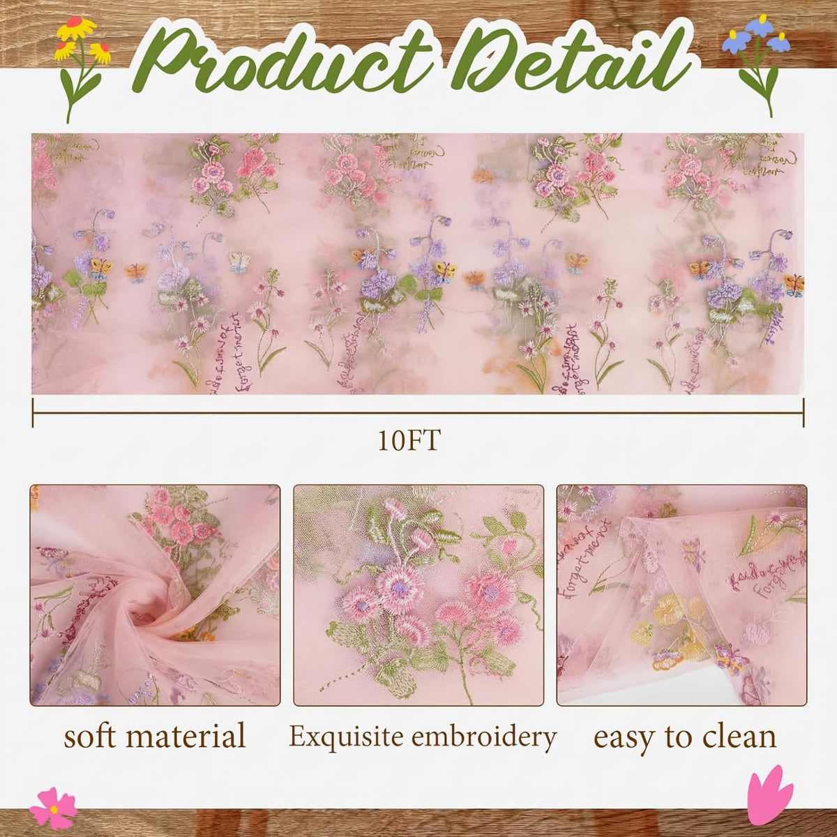 Pink Floral Table Runner 10ft Embroidery Tulle Spring Wildflower Table Runner Seasonal Summer Butterfly Kitchen Dining Gauze Decoration for Wedding Baby Shower Birthday Party (1 Pcs)