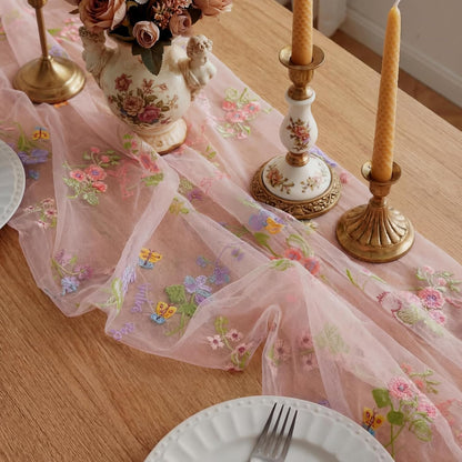 Pink Floral Table Runner 10ft Embroidery Tulle Spring Wildflower Table Runner Seasonal Summer Butterfly Kitchen Dining Gauze Decoration for Wedding Baby Shower Birthday Party (1 Pcs)