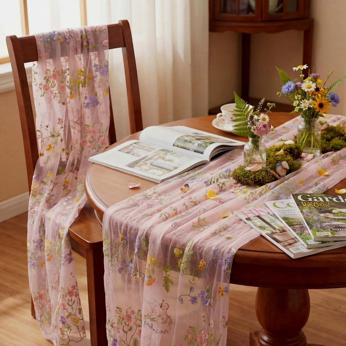 Pink Floral Table Runner 10ft Embroidery Tulle Spring Wildflower Table Runner Seasonal Summer Butterfly Kitchen Dining Gauze Decoration for Wedding Baby Shower Birthday Party (1 Pcs)