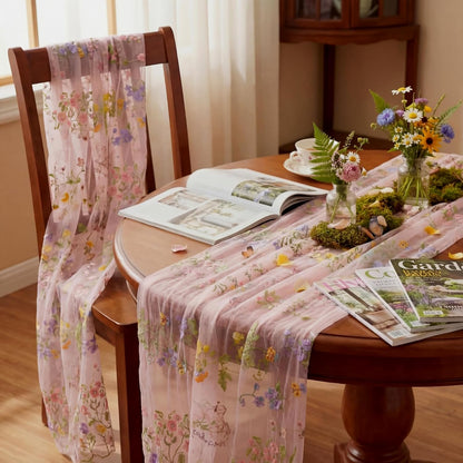 Pink Floral Table Runner 10ft Embroidery Tulle Spring Wildflower Table Runner Seasonal Summer Butterfly Kitchen Dining Gauze Decoration for Wedding Baby Shower Birthday Party (1 Pcs)