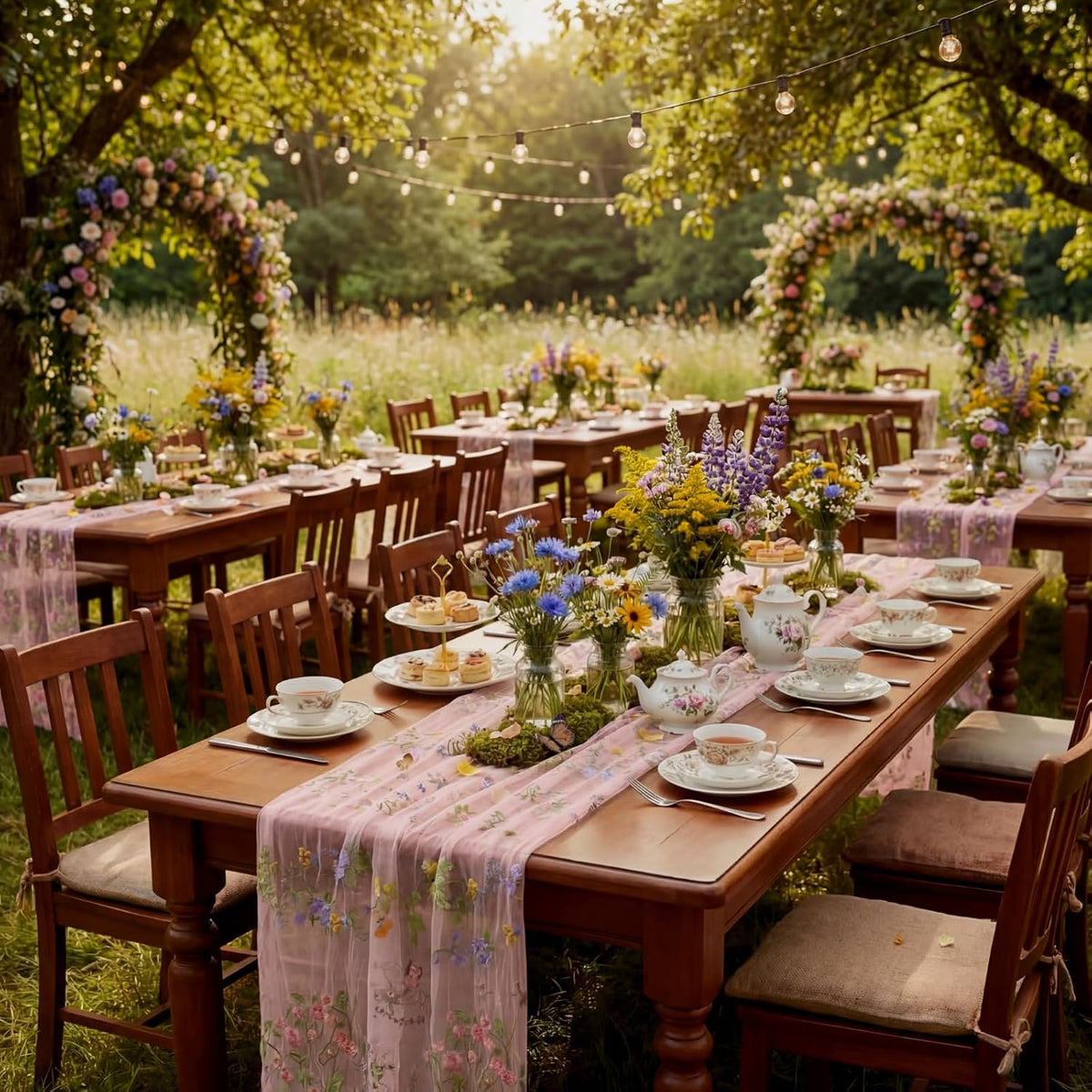 Pink Floral Table Runner 10ft Embroidery Tulle Spring Wildflower Table Runner Seasonal Summer Butterfly Kitchen Dining Gauze Decoration for Wedding Baby Shower Birthday Party (1 Pcs)