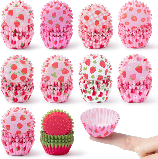 Strawberry Mini Cupcake Liners - 600pcs Summer Baking Cups Muffin Cupcakes Paper Wrappers, Pink Watermelon Candy Cake Chocolate Wrap Making Supplies for Baby Shower Party Birthday (10 Styles)