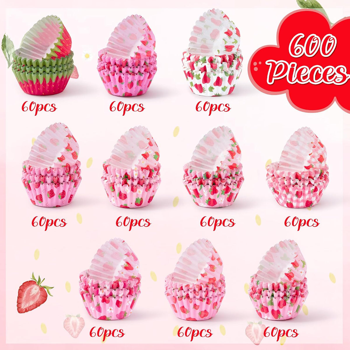 Strawberry Mini Cupcake Liners - 600pcs Summer Baking Cups Muffin Cupcakes Paper Wrappers, Pink Watermelon Candy Cake Chocolate Wrap Making Supplies for Baby Shower Party Birthday (10 Styles)
