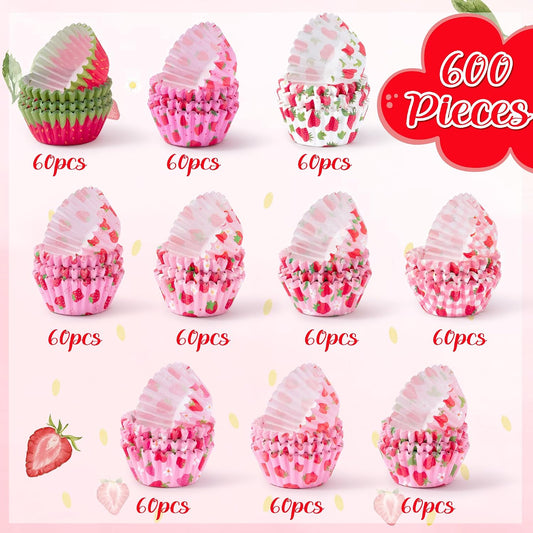 Strawberry Mini Cupcake Liners - 600pcs Summer Baking Cups Muffin Cupcakes Paper Wrappers, Pink Watermelon Candy Cake Chocolate Wrap Making Supplies for Baby Shower Party Birthday (10 Styles)