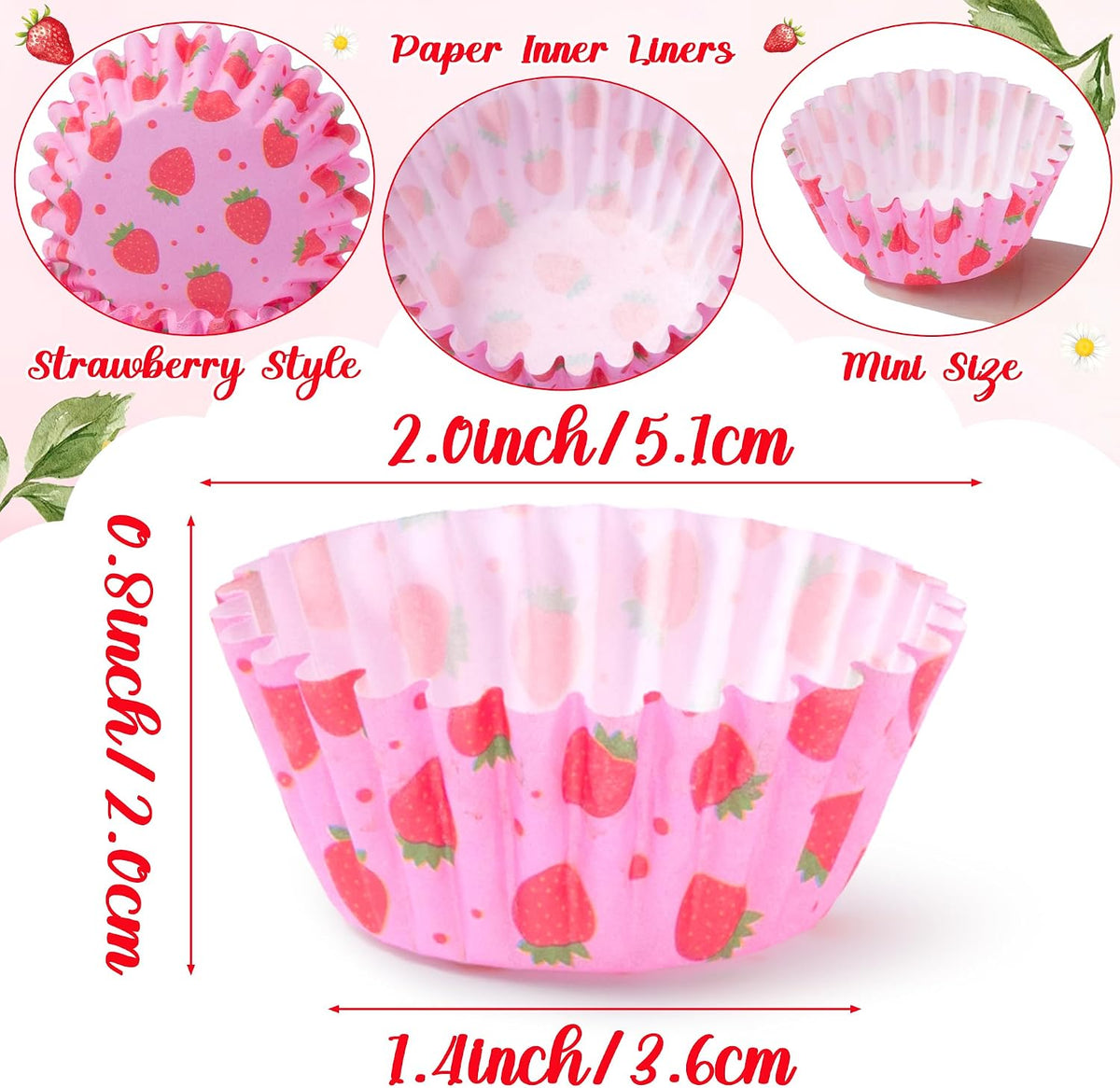 Strawberry Mini Cupcake Liners - 600pcs Summer Baking Cups Muffin Cupcakes Paper Wrappers, Pink Watermelon Candy Cake Chocolate Wrap Making Supplies for Baby Shower Party Birthday (10 Styles)