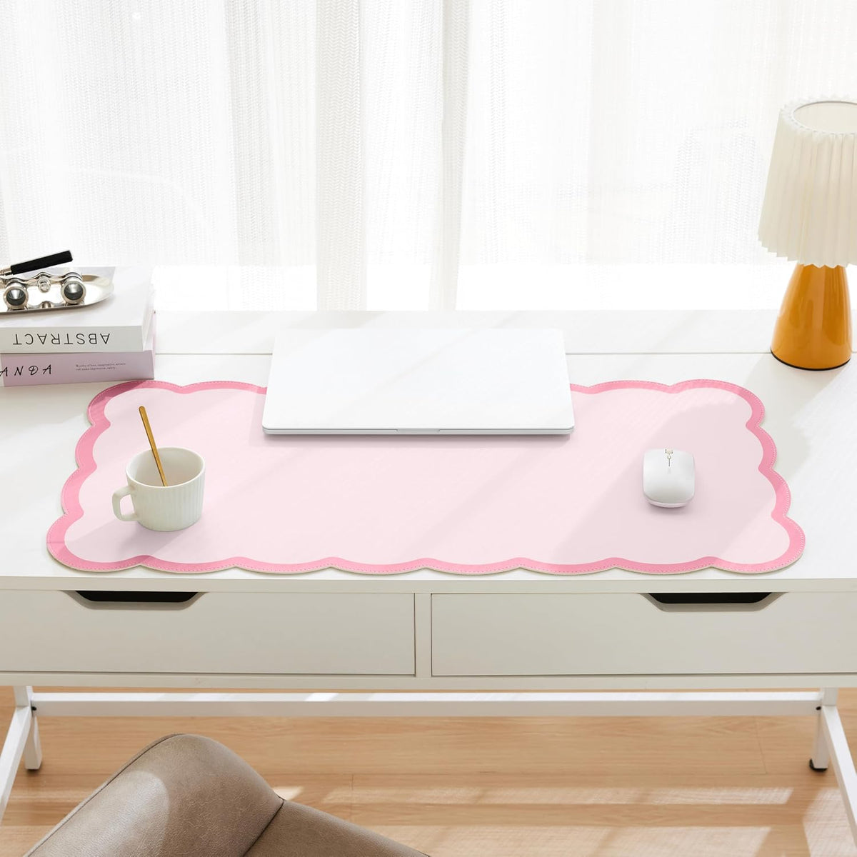 Scalloped Desk Mat, 31.5" x 15.7" Large Cute Aesthetic Desk Accessories, PU Leather Computer Laptop Desk Mouse Keyboard Pad, Desk Writing Mat for Vanity/Work/Home Decor (Pink, 31.5" x 15.7")