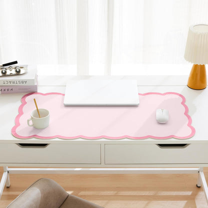 Scalloped Desk Mat, 31.5" x 15.7" Large Cute Aesthetic Desk Accessories, PU Leather Computer Laptop Desk Mouse Keyboard Pad, Desk Writing Mat for Vanity/Work/Home Decor (Pink, 31.5" x 15.7")
