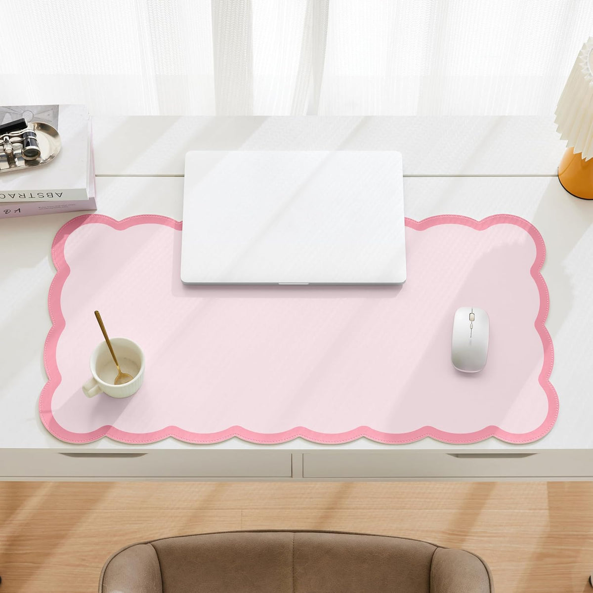 Scalloped Desk Mat, 31.5" x 15.7" Large Cute Aesthetic Desk Accessories, PU Leather Computer Laptop Desk Mouse Keyboard Pad, Desk Writing Mat for Vanity/Work/Home Decor (Pink, 31.5" x 15.7")