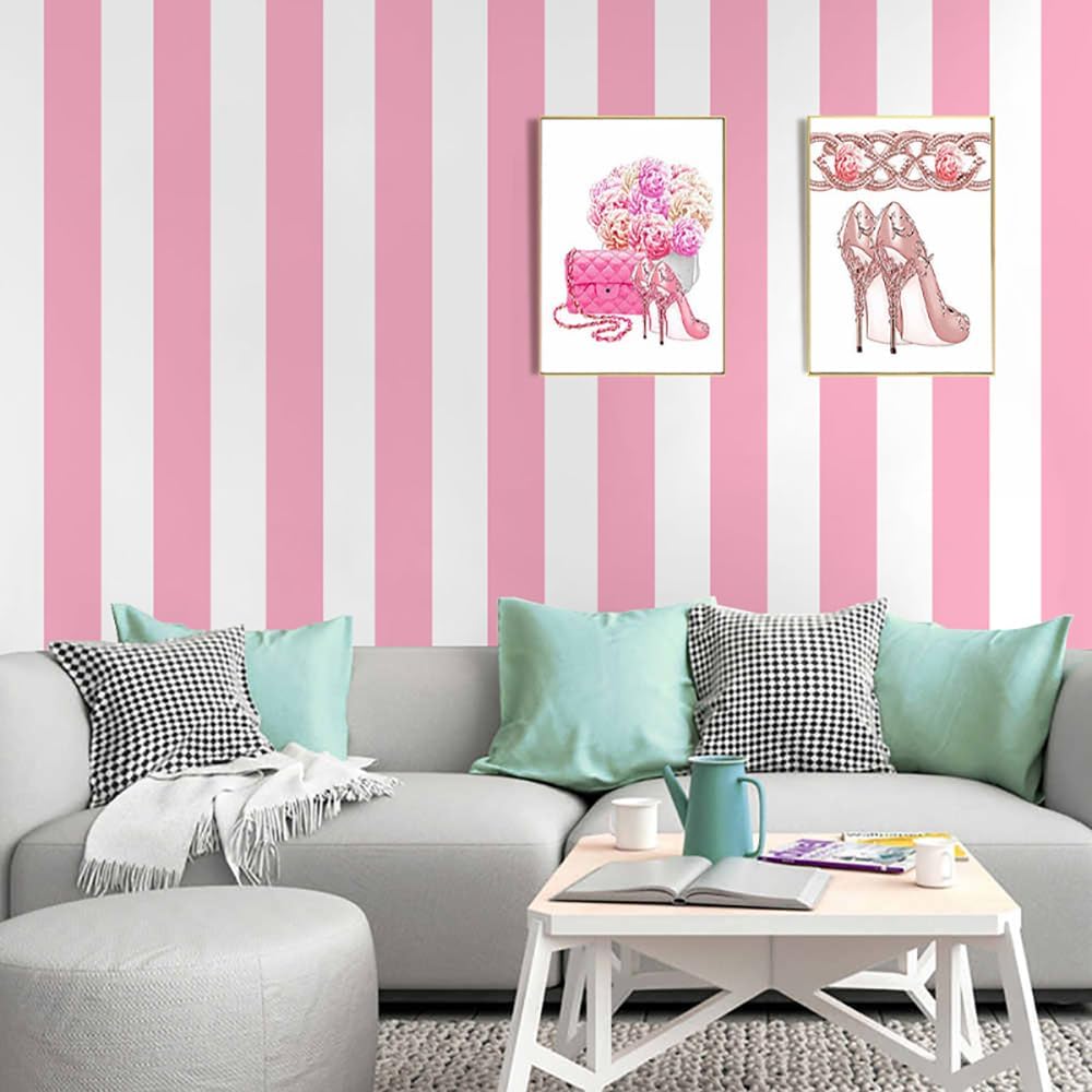 Pink and White Stripes Peel & Stick Shelf Liner Removable Contact Paper Wallpaper for Drawer Cabinet Nursery Decor 17.7" x 117"