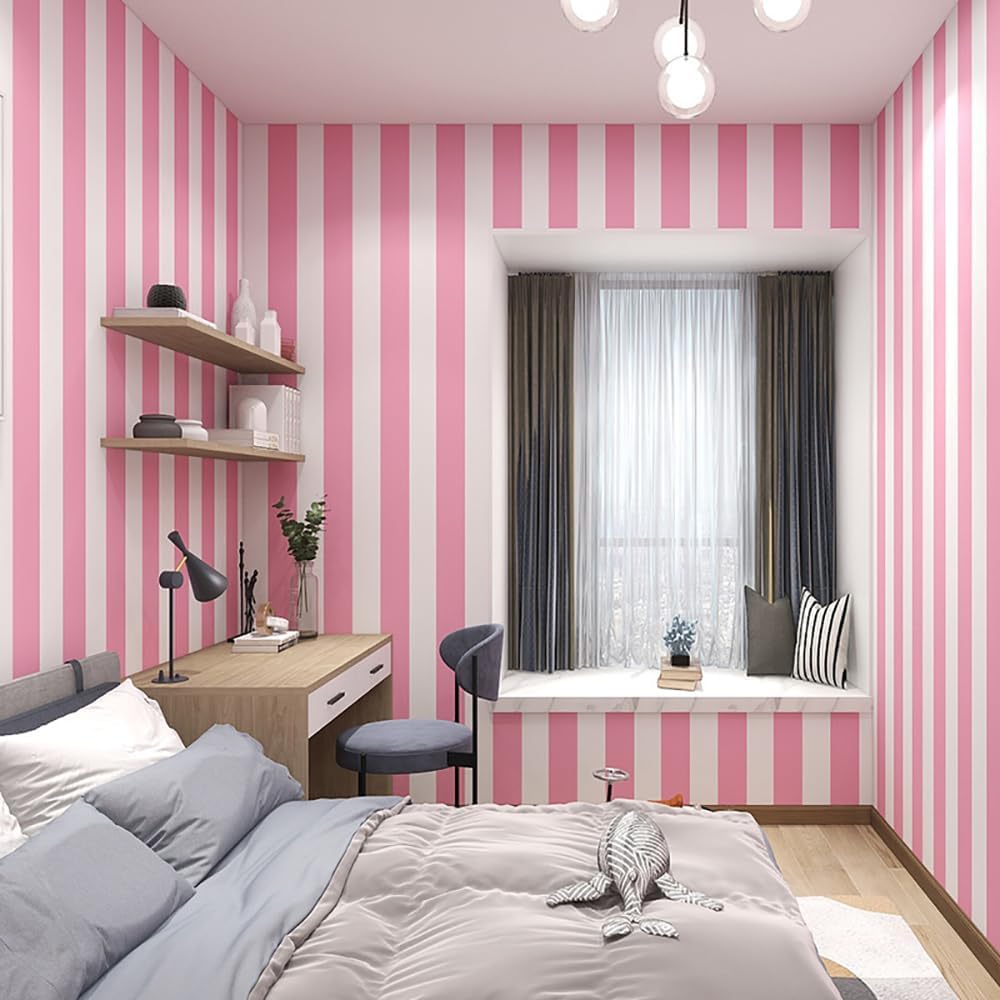 Pink and White Stripes Peel & Stick Shelf Liner Removable Contact Paper Wallpaper for Drawer Cabinet Nursery Decor 17.7" x 117"