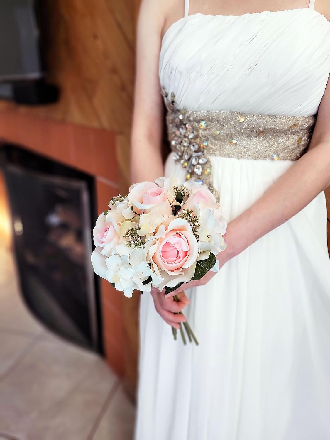 Artificial Rose Hydrangea Flowers Bouquet, 9 Stems Faux Wedding Bouquet for Bride Bridesmaid, Centerpieces Floral Arrangement Home Decoration GPB8359-CM/PK Cream/Pink