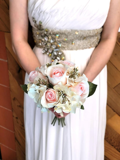 Artificial Rose Hydrangea Flowers Bouquet, 9 Stems Faux Wedding Bouquet for Bride Bridesmaid, Centerpieces Floral Arrangement Home Decoration GPB8359-CM/PK Cream/Pink