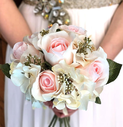 Artificial Rose Hydrangea Flowers Bouquet, 9 Stems Faux Wedding Bouquet for Bride Bridesmaid, Centerpieces Floral Arrangement Home Decoration GPB8359-CM/PK Cream/Pink