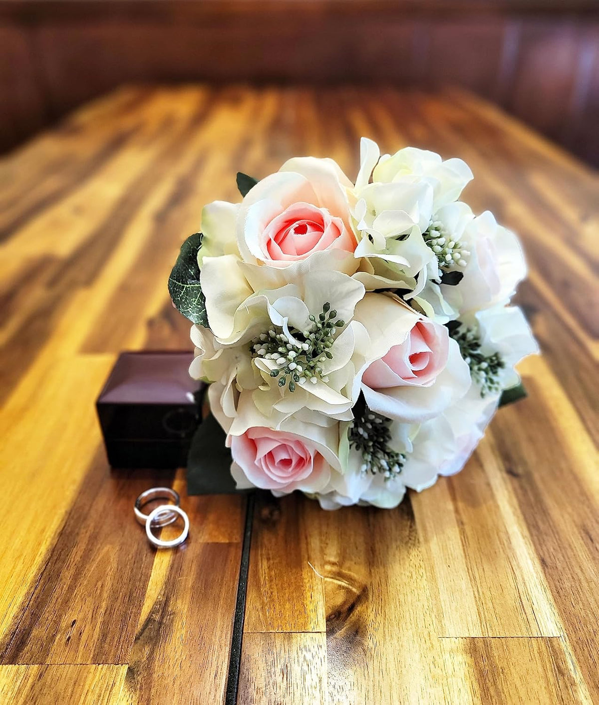 Artificial Rose Hydrangea Flowers Bouquet, 9 Stems Faux Wedding Bouquet for Bride Bridesmaid, Centerpieces Floral Arrangement Home Decoration GPB8359-CM/PK Cream/Pink