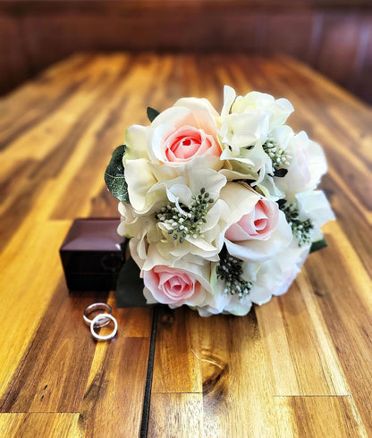 Artificial Rose Hydrangea Flowers Bouquet, 9 Stems Faux Wedding Bouquet for Bride Bridesmaid, Centerpieces Floral Arrangement Home Decoration GPB8359-CM/PK Cream/Pink