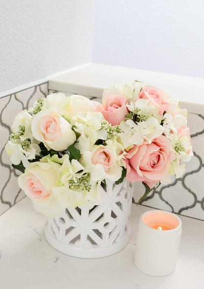 Artificial Rose Hydrangea Flowers Bouquet, 9 Stems Faux Wedding Bouquet for Bride Bridesmaid, Centerpieces Floral Arrangement Home Decoration GPB8359-CM/PK Cream/Pink