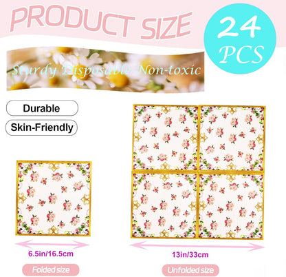 24PCS Floral Napkins-Spring Disposable Paper Napkins Pink Rose Floral Decoration Napkin for Garden Spring Tea Party Birthday Baby Shower Wedding Retro Spring Decorations 6.5"