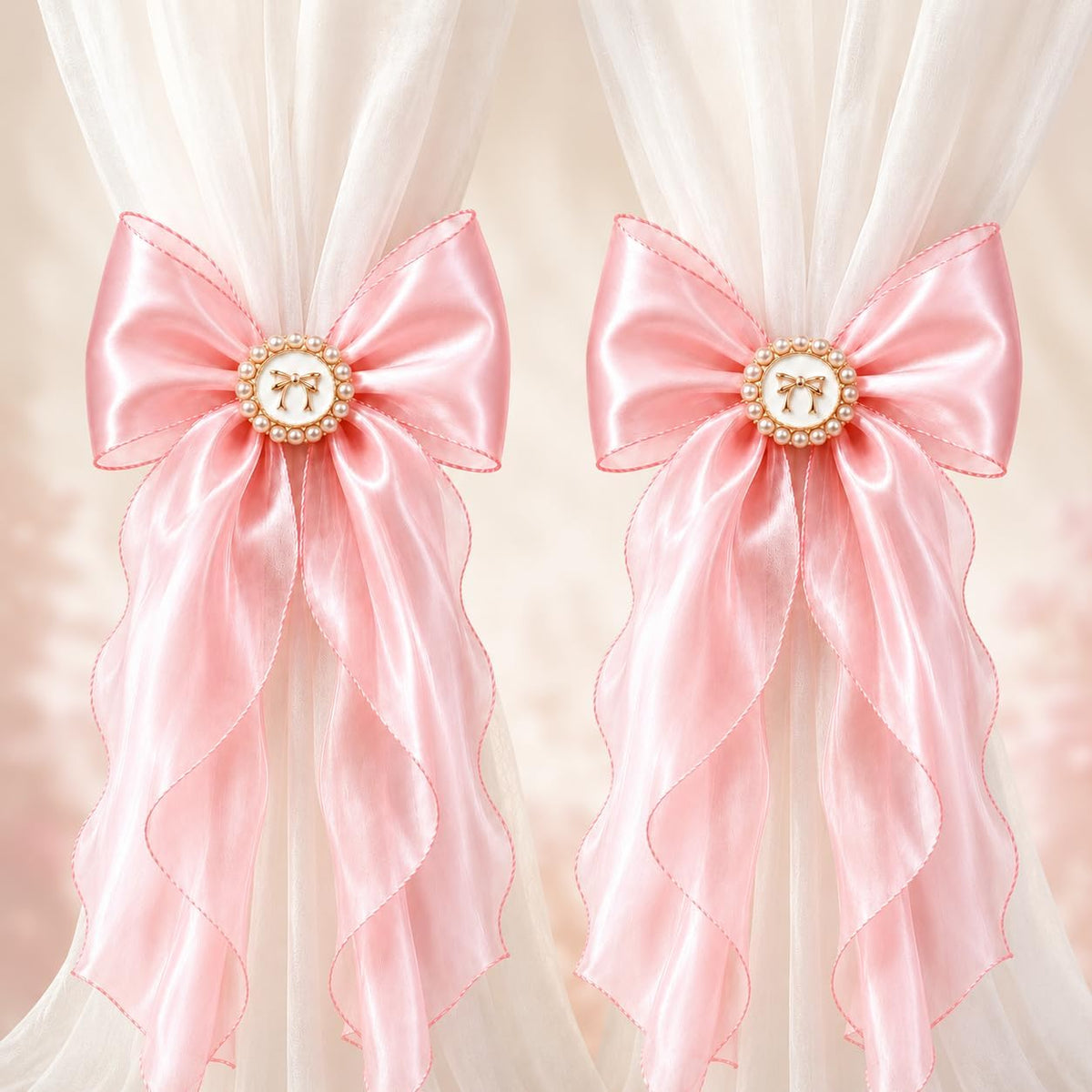 2 Pack Pink Bow Curtain Tiebacks - Decorative Satin Curtain Holdbacks
