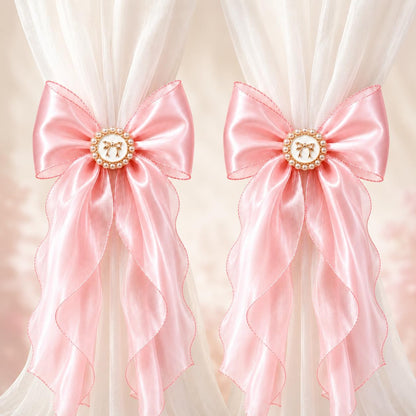 2 Pack Pink Bow Curtain Tiebacks - Decorative Satin Curtain Holdbacks