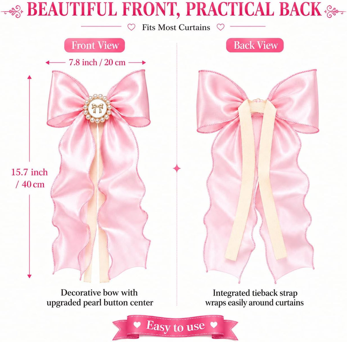 2 Pack Pink Bow Curtain Tiebacks - Decorative Satin Curtain Holdbacks