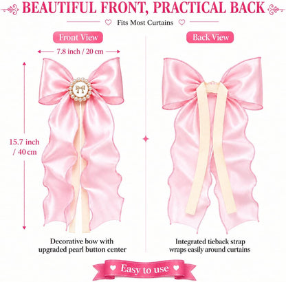 2 Pack Pink Bow Curtain Tiebacks - Decorative Satin Curtain Holdbacks