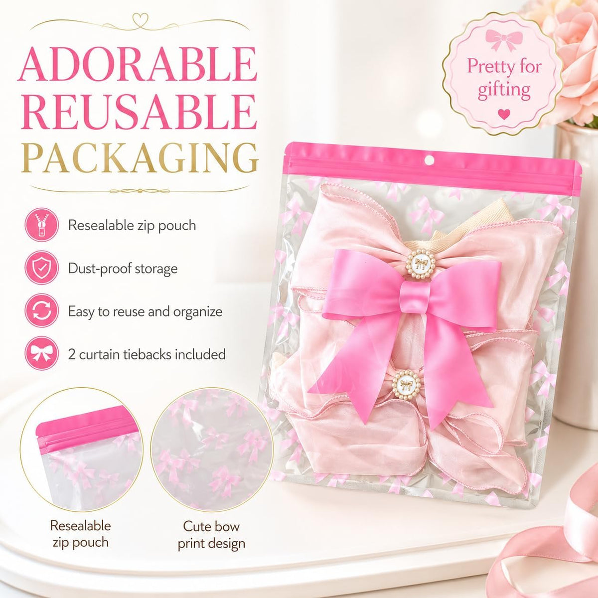 2 Pack Pink Bow Curtain Tiebacks - Decorative Satin Curtain Holdbacks