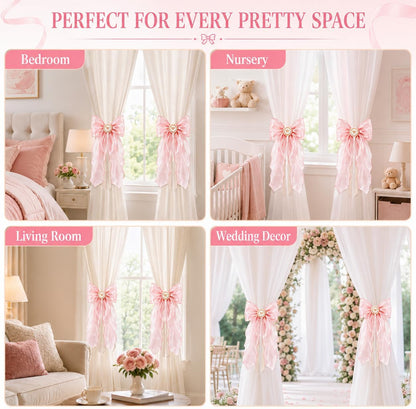 2 Pack Pink Bow Curtain Tiebacks - Decorative Satin Curtain Holdbacks
