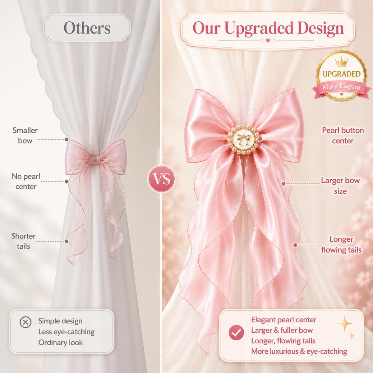 2 Pack Pink Bow Curtain Tiebacks - Decorative Satin Curtain Holdbacks