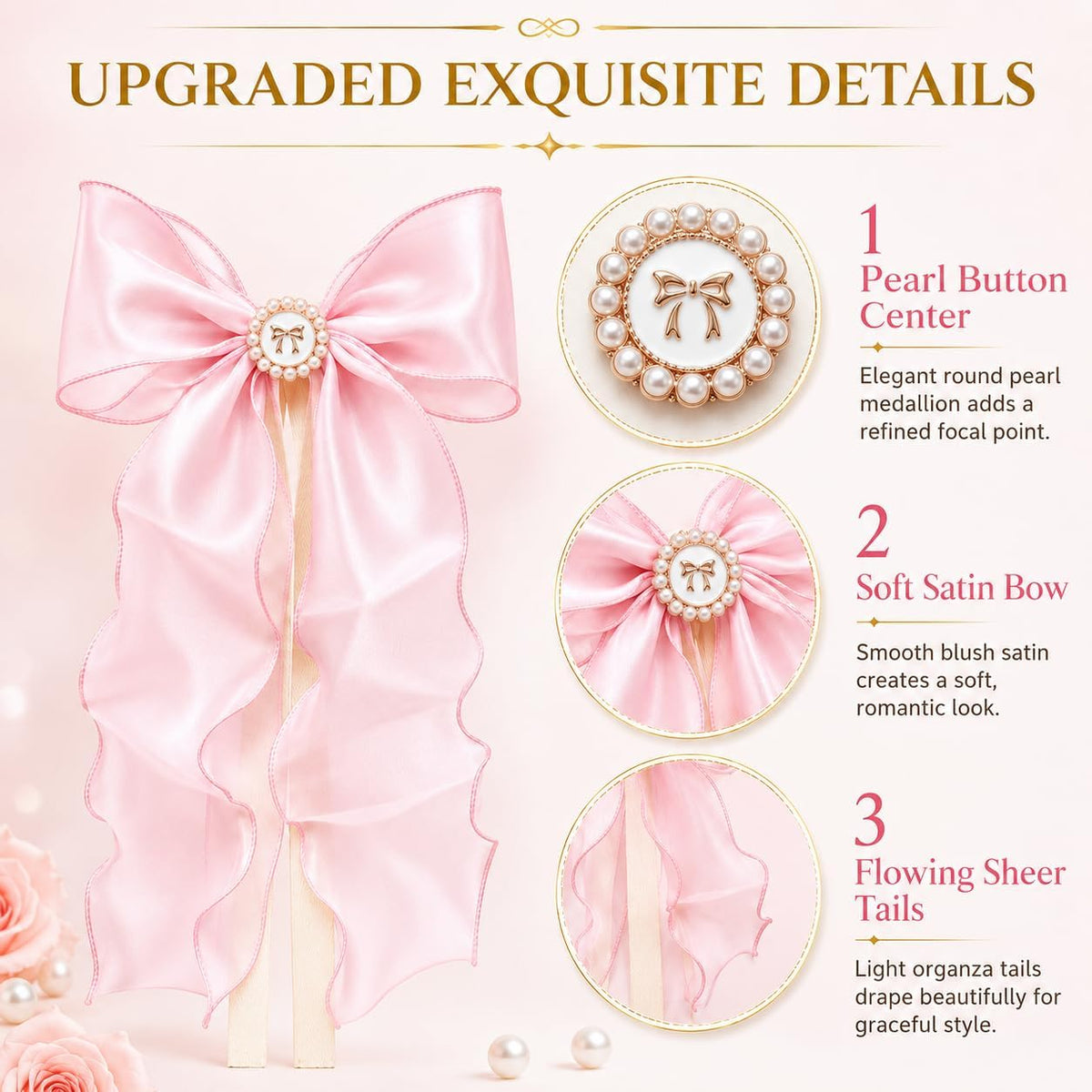 2 Pack Pink Bow Curtain Tiebacks - Decorative Satin Curtain Holdbacks