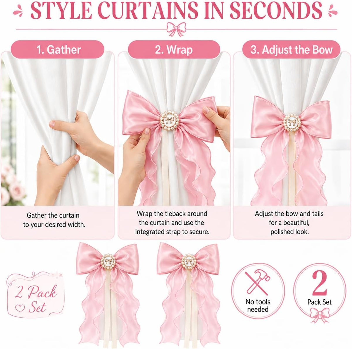 2 Pack Pink Bow Curtain Tiebacks - Decorative Satin Curtain Holdbacks