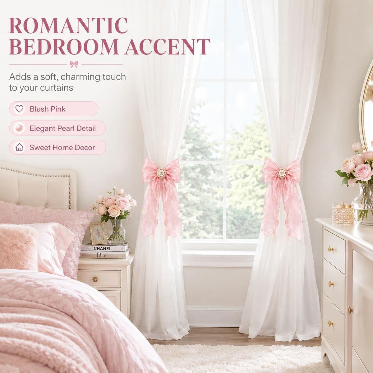 2 Pack Pink Bow Curtain Tiebacks - Decorative Satin Curtain Holdbacks