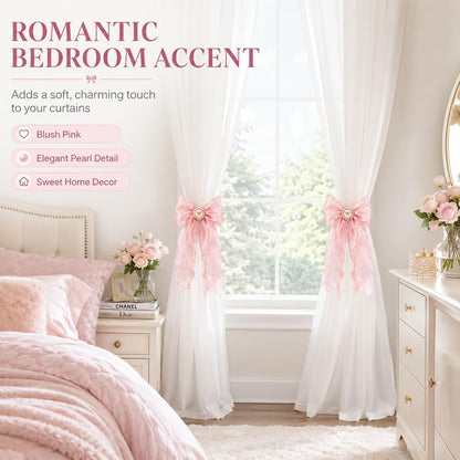 2 Pack Pink Bow Curtain Tiebacks - Decorative Satin Curtain Holdbacks