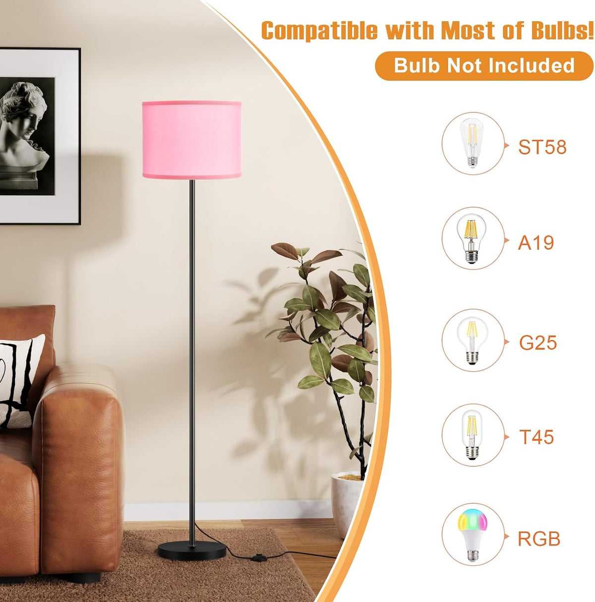60'' Modern Floor Lamp with Shade, Tall Lamps for Living Room, Bedroom, Office, Dining Room, Pink Shade with Black Pole(Without Bulb)