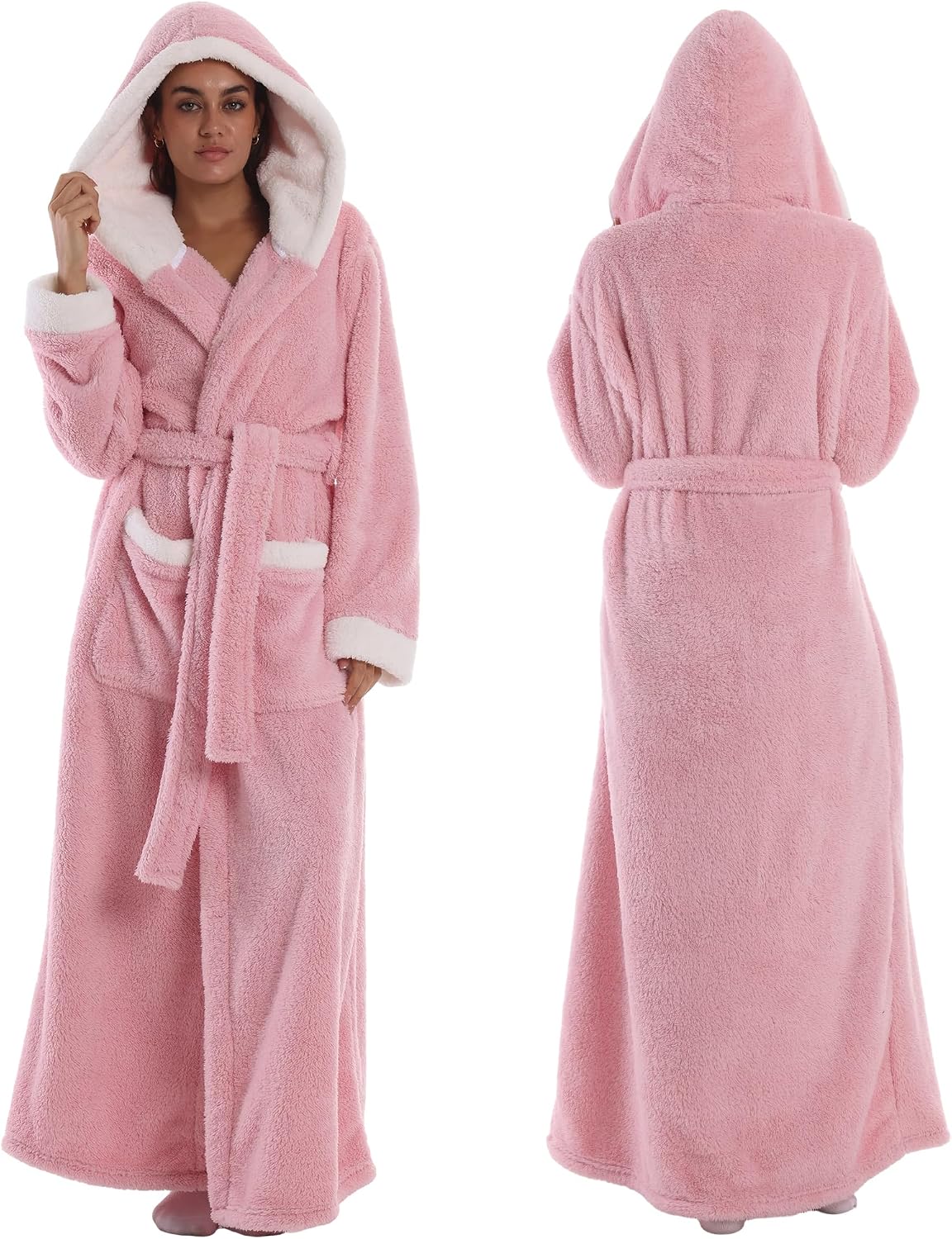 Women's Plush Flannel Robe - Hooded, Long Soft Bathrobe with Pockets, Super Warm, Loungewear for Women