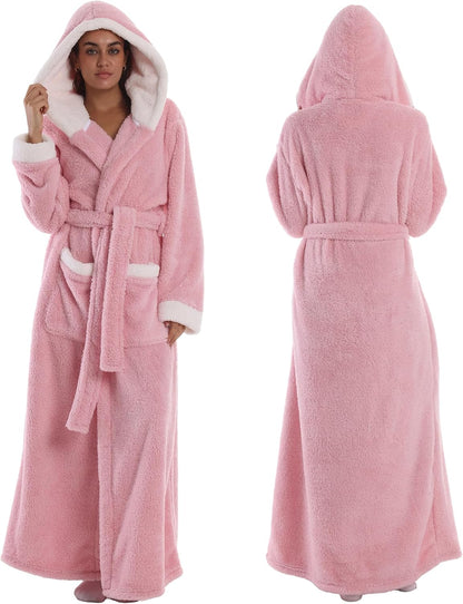 Women's Plush Flannel Robe - Hooded, Long Soft Bathrobe with Pockets, Super Warm, Loungewear for Women