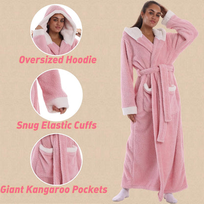 Women's Plush Flannel Robe - Hooded, Long Soft Bathrobe with Pockets, Super Warm, Loungewear for Women